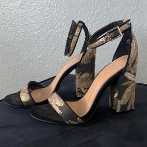 BAMBOO Black and Gold Floral Block Heel Sandals with Ankle Strap